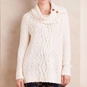 Anthropologie MOTH Boucle Knit Sweater Turtleneck Foldover Button Cream Small